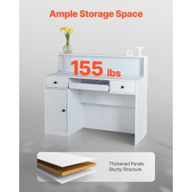 Reception Desk, 47 Inch Rectangular Front Counter Table, Office Reception Desk with LED Light, 2 Drawers and Power Outlets, for Checkout, Lobby