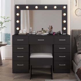 9-Drawer Dressing Table Set with 12 Tri-Color LED Lights and Power Strip Glass-Topped Particleboard Dressing Table with Textured Melamine Finish