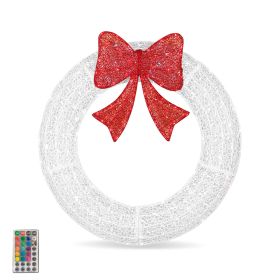 36in Pre-lit Outdoor Christmas Wreath Decoration, Lighted Metal Wreath with Red Bow, Remote Control LED Lights with Timer