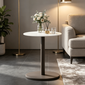 round Marble Side Table Pedestal End Table with Stone Finish Wooden Base Living Room Decorative Coffee Table