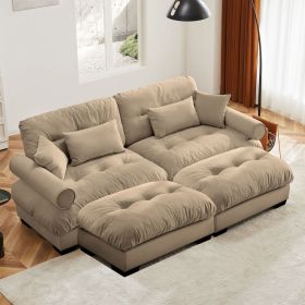 Over Size Modern Two-seater Sofa with Ottoman, Velvet 2-Seater with Round Bolster Armrests,With Waist Pillow and Throw Pillows, Reading Room