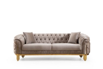 Vanessa Modern Style Button Tufted Sofa Made of Wood and Gold Coated Metal Legs in Taupe Color