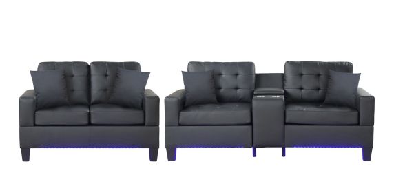 Genesis Black PVC Fabric Sofa Loveseat Living Room Set with LED Lights, USB Charger, Storage Console, Cupholders, Tufted Cushions