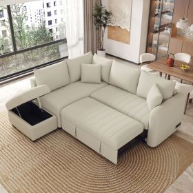 82.6" L-shaped Sectional Pull Out Sofa Bed Sleeper Sofa with Two USB Ports, Two Power Sockets and a Movable Storage Ottoman, Beige
