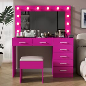 Vanity Desk Set with Large Lighted Mirror and Powre Outlet, Glass Top Makeup Vanity with 7 Drawers, Vanity Table with 12 LED Lights