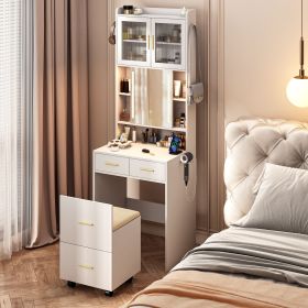 Small Vanity Desk with Sliding Mirror and LED Lights, Makeup Table with Charging Station and Storage Shelves for Small Space