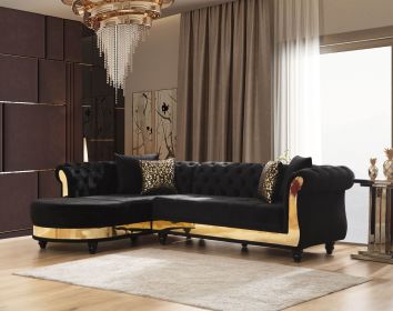 Gold Detailed Tufted Upholstery Sectional made with Wood In Black