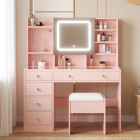 Apple Pink Textured Particle Board with Melamine Laminate, Tempered Glass Top, Five-Drawer Dressing Table Set with Shelves, Hooks, Power Strip