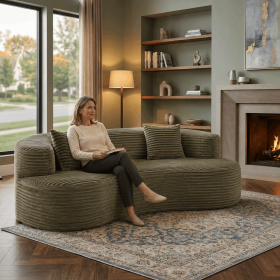 Boneless Compressed Modular Sofa, Soft Striped Corduroy Floor Couch with Deep Seat, Wide Armrests and Back Pillows (Color: Sage Green)