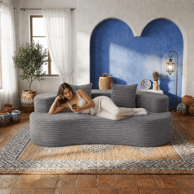 Boneless Compressed Modular Sofa, Soft Striped Corduroy Floor Couch with Deep Seat, Wide Armrests and Back Pillows (Color: Stone Gray)