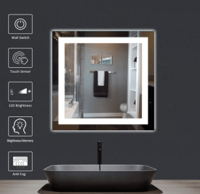This tempered glass bathroom mirror with anti-fog and anti-break features offers a rectangular frame for wall-mounted use. Featuring a metal fram (S1R12176UL48"x30": S1R15090UL60"x36")