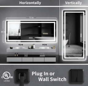 This tempered glass bathroom mirror with anti-fog and anti-break features offers a rectangular frame for wall-mounted use. Featuring a metal fram (S1R12176UL48"x30": S1R18191UL72"x36")