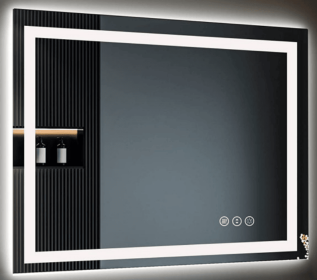 This tempered glass bathroom mirror with anti-fog and anti-break features offers a rectangular frame for wall-mounted use. Featuring a metal fram (S1R12176UL48"x30": S1R19591UL77"x36")