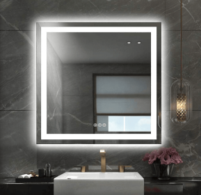 This tempered glass bathroom mirror with anti-fog and anti-break features offers a rectangular frame for wall-mounted use. Featuring a metal fram (S1R12176UL48"x30": S1R15070UL60"x28")
