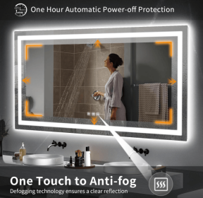 This tempered glass bathroom mirror with anti-fog and anti-break features offers a rectangular frame for wall-mounted use. Featuring a metal fram (S1R12176UL48"x30": S1R12176UL48"x36")