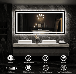 This tempered glass bathroom mirror with anti-fog and anti-break features offers a rectangular frame for wall-mounted use. Featuring a metal fram (S1R12176UL48"x30": S1R12176UL48"x32")