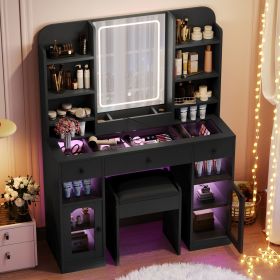 43.2" Vanity Desk with LED Mirror and Lights, Glass Top Vanity with RGB Glass Light Cabinets, Dressing Table with 3 Drawers (Color: as Pic)