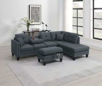 Living Room Furniture 3-PCS Sectional Sofa Set LAF Sofa RAF Chaise And Storage Ottoman Cup Holder Charcoal Color Linen-Like Fabric Couch (Color: as Pic)