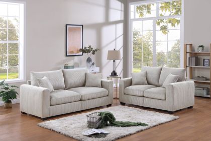 Classic Living Room 2pc Sofa Set Ivory Corduroy Sofa And Loveseat w Pillows Square Arms Plush Couch (Color: as Pic)