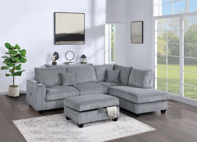 Contemporary 3pc Sectional Set Fog Color Corduroy Couch LAF Sofa RAF Chaise Ottoman L-Sectional Living Room (Color: as Pic)