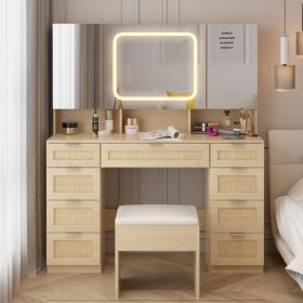 Large Vanity Table Set with 3 Opening Mirrors and LED Lights, Vanity Table with Full Storage Behind Mirror (Color: as picture)