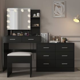 Large Makeup Vanity with Lights, Vanity Table with Charging Station, Vanity Desk with Mirror and 10 LED Light Bulbs (Color: as picture)
